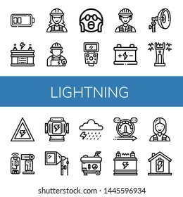 Set of lightning icons such as Battery, Electrician, Shocked, Flash, Stun gun, Voltage, Generator, Storm, Electric generator, Speed , lightning