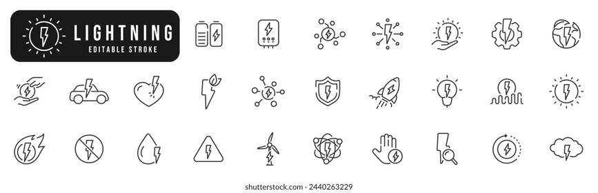 Satz von Blitzzeilensymbolen. Energie, Flach, Strom, Elektro, Bolzen usw. Bearbeitbarer Strich
