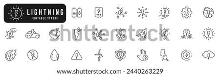 Set of lightning line icons. Energy, flach, power, electric, bolt etc. Editable stroke