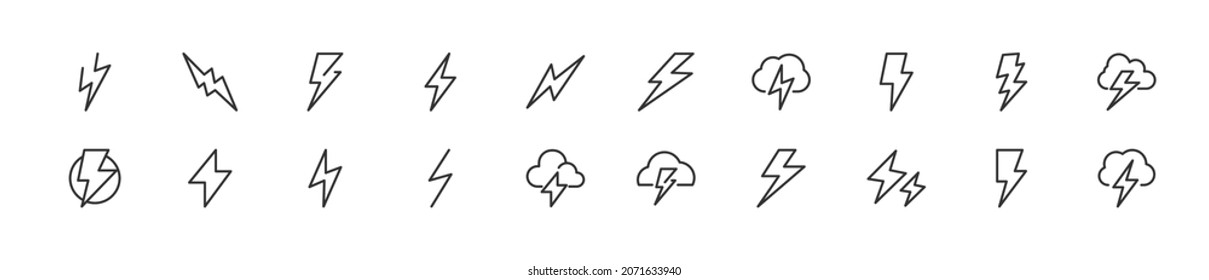 Set of lightning line icons. Premium pack of signs in trendy style. Pixel perfect objects for UI, apps and web.