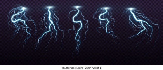 A set of lightning Magic and bright light effects. Vector illustration. Discharge electric current. Charge current. Natural phenomena.	