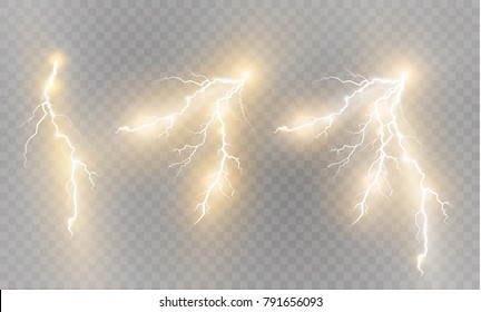 
A set of lightning Magic and bright light effects. Vector illustration. Discharge electric current. Charge current. Natural phenomena.