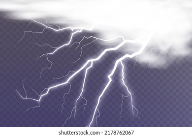 Set von Blitz magischen und hellen Lichteffekt. Gewitter mit Blitz und Wolken. Vektorgrafik. Entladen Sie elektrischen Strom. Ladestrom. Naturphänomene.
