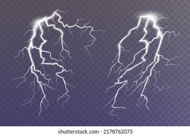 Set of lightning magical and bright light effect. Thunderstorm with lightning and clouds. Vector illustration. Discharge electrical current. Charge current. natural phenomena.

