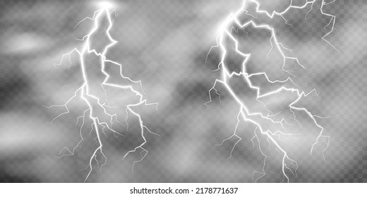 Set of lightning magical and bright light effect. Thunderstorm with lightning and clouds. Vector illustration. Discharge electrical current. Charge current. natural phenomena.
