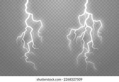 Juego de relámpagos sobre un fondo transparente aislado. Flash de luz, relámpago. Tormenta eléctrica, fenómeno natural. Rayo de efecto. Ilustración vectorial.