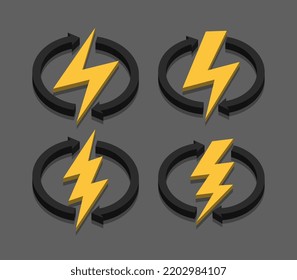 conjunto de formas relámpago con círculo de flecha, signo de potencia energética, vector de ilustración 3d