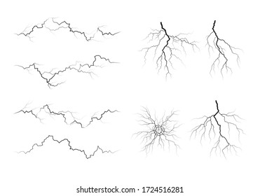 Set of lightning silhouettes. Thunderstorm isolated on white. Vector illustration