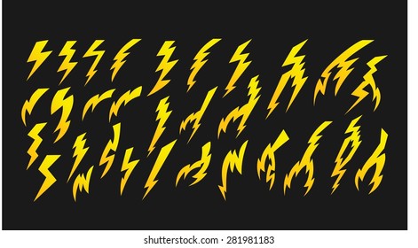 Set of lightning symbols. Lightning bolt icons. Thunder symbols.