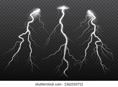 Set of lightning and thunder bolt, storm and lightnings glow effects. Magic and bright sparkle.