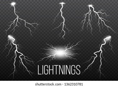 Set of lightning and thunder bolt, storm and lightnings glow effects. Magic and bright sparkle.
