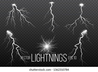 Set of lightning and thunder bolt, storm and lightnings glow effects. Magic and bright sparkle.