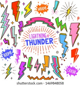 Set of lightning and thunder related objects and elements collection. Hand drawn colorful vector doodle illustration.