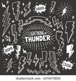 Set of lightning and thunder related objects and elements. Hand drawn vector doodle illustration collection in Blackboard chalk style.