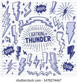 Set of lightning and thunder related objects and elements. Hand drawn vector doodle illustration collection in blue ballpoint sketch style.