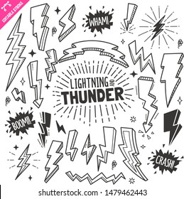 Set of lightning and thunder related objects and elements. Hand drawn doodle illustration collection isolated on white background. Editable stroke/outline.