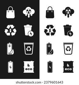 Set Lightning with trash can, Battery recycle, Shopping bag, Acid rain and radioactive cloud, Eco nature leaf battery, Recycle bin, Bio fuel barrel and  icon. Vector