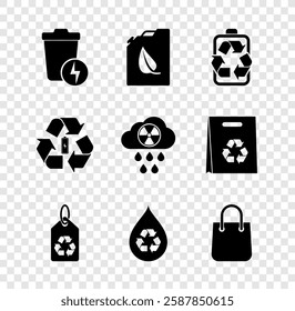 Set Lightning with trash can, Bio fuel canister, Battery recycle, Tag, Recycle clean aqua, Shopping bag,  and Acid rain and radioactive cloud icon. Vector