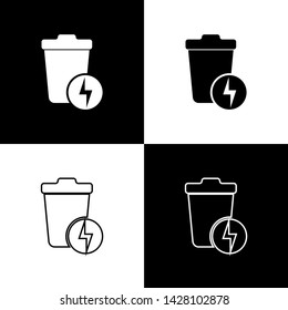 Set Lightning with trash can icon isolated icons isolated on black and white background. Waste to energy. Garbage bin sign. Recycle basket sign. Vector Illustration