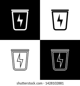 Set Lightning with trash can icon isolated icons isolated on black and white background. Waste to energy. Garbage bin sign. Recycle basket sign. Vector Illustration