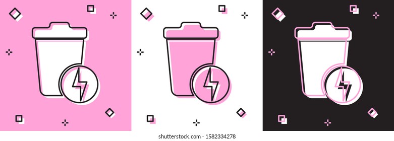 Set Lightning with trash can icon isolated on pink and white, black background. Waste to energy. Garbage bin sign. Recycle basket sign.  Vector Illustration