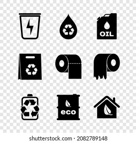 Set Lightning with trash can, Recycle clean aqua, Canister machine oil, Battery recycle, Bio fuel barrel, Eco friendly house, Shopping bag and Toilet paper roll icon. Vector