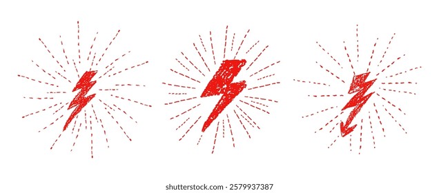 Set of lightning wax pen drawing silhouette. Collection of thunder or battery symbols with radial raises stroke like kids written by red pastel pencil. Graphic design elements. Vector illustration.