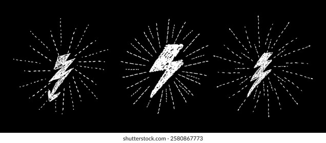 Set of lightning wax pen drawing silhouette. Collection of thunder or battery symbols with radial raises stroke like kids written by white pastel pencil. Graphic design elements. Vector illustration.