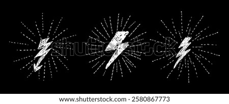 Set of lightning wax pen drawing silhouette. Collection of thunder or battery symbols with radial raises stroke like kids written by white pastel pencil. Graphic design elements. Vector illustration.