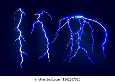 Set of lightnings. Electric light thunder spark. Realistic lightning on dark background. Vector illustration