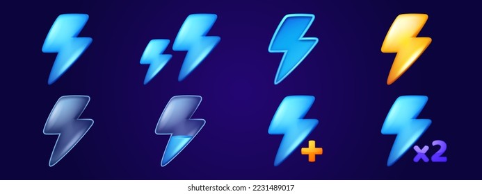 Set of lightnings game fill progress score or level elements, full and empty flash bolts, user Ui or gui status icons of health, energy and resource for pc or mobile app, Cartoon vector illustration