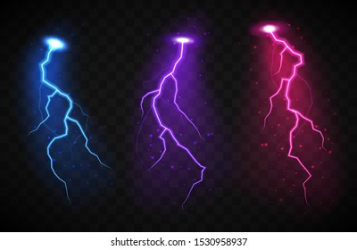 Set of lightnings. Magic and bright light effects on transparent background.