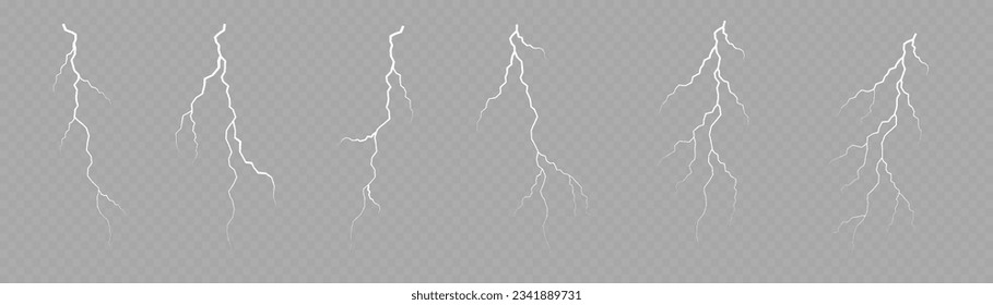 Juego de relámpagos. La iluminación es mágica y luminosa. Tormenta eléctrica y relámpago. La iluminación es mágica y luminosa. Tormenta eléctrica y efectos naturales. Ilustración vectorial