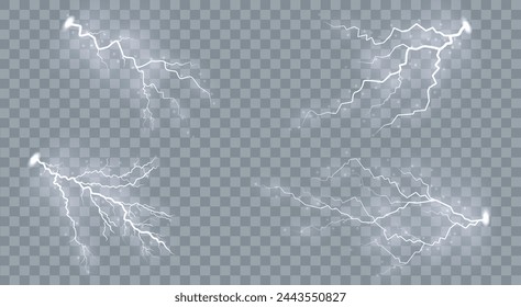 Set of lightnings Magic and bright lighting effects. set of zippers, thunderstorm and lightning, symbol of natural strength or magic, light and shine, abstract, electricity and explosion.