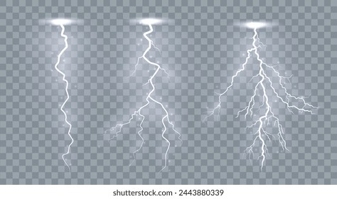 Set of lightnings Magic and bright lighting effects. set of zippers, thunderstorm and lightning, symbol of natural strength or magic, light and shine, abstract, electricity and explosion.