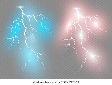 Set of lightnings. Thunder-storm and lightnings. Magic and bright lighting effects. Vector Illustration