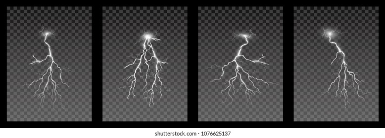 Set of lightnings. Thunder-storm and lightnings. Magic and bright lighting effects. Vector Illustration