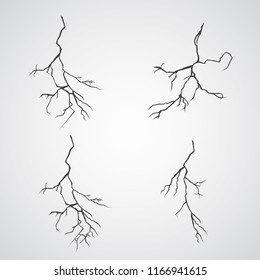 Set of lightnings. Thunder-storm and lightnings. Magic and bright lighting effects. Vector Illustration