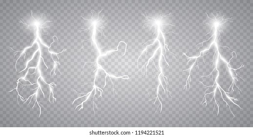 Set of lightnings. Thunder-storm and lightnings. Magic and bright lighting effects. 