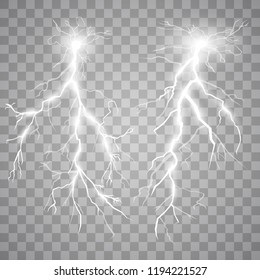 Set of lightnings. Thunder-storm and lightnings. Magic and bright lighting effects. 