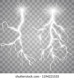 Set of lightnings. Thunder-storm and lightnings. Magic and bright lighting effects. 
