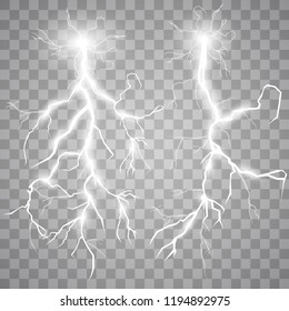 Set of lightnings. Thunder-storm and lightnings. Magic and bright lighting effects. Vector Illustration