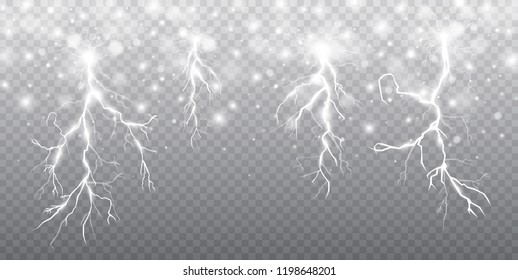 Set of lightnings. Thunder-storm and lightnings. Magic and bright lighting effects. Vector Illustration