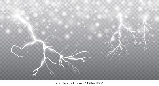 Set of lightnings. Thunder-storm and lightnings. Magic and bright lighting effects. Vector Illustration
