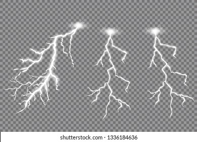 Set of lightnings. Thunder-storm and lightnings. Magic and bright lighting effects. Vector Illustration 
