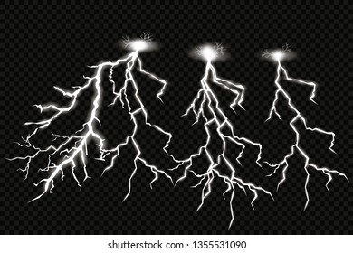 Set of lightnings. Thunder-storm and lightnings. Magic and bright lighting effects. Vector Illustration 