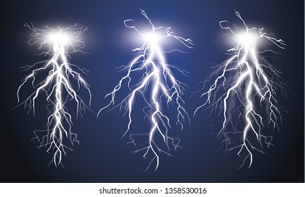 Set of lightnings. Thunder-storm and lightnings. Magic and bright lighting effects. Vector Illustration 
