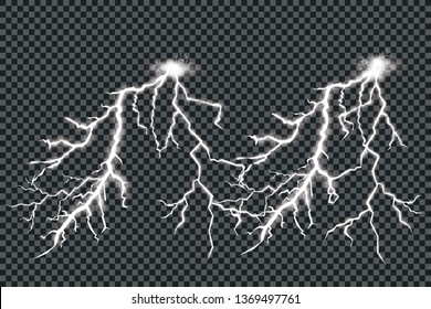 Set of lightnings. Thunder-storm and lightnings. Magic and bright lighting effects. Vector Illustration 