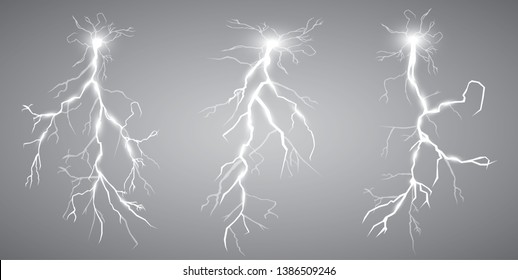 Set of lightnings. Thunder-storm and lightnings. Magic and bright lighting effects. Vector Illustration