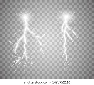 Set of lightnings. Thunder-storm and lightnings. Magic and bright lighting effects. Vector Illustration